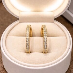 14k gold hoop earrings - lightweight - diamond pave setting in front